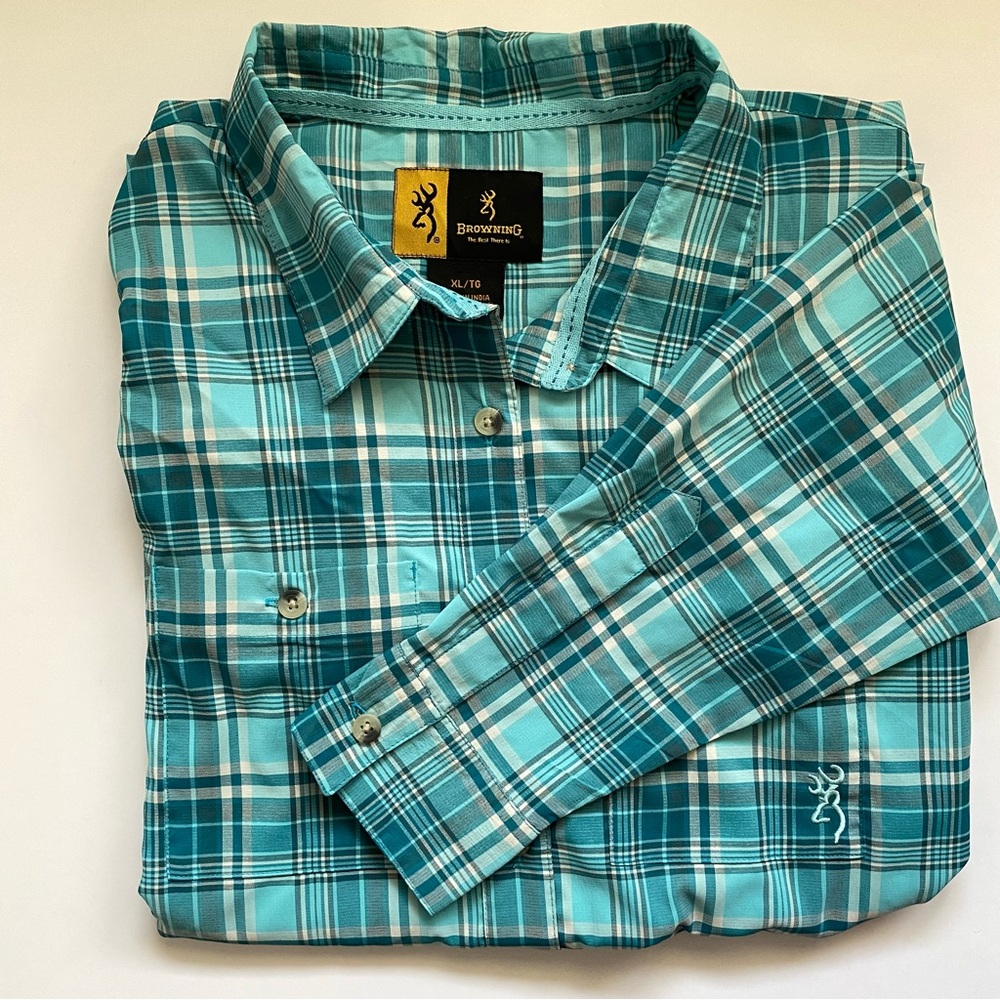 Browning Women’s Plaid Fishing Shirt Teal Blue Button Front Roll-Tab Sleeve XL